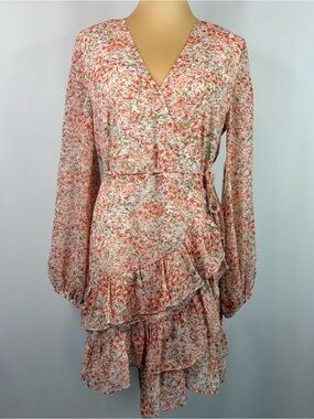 1. STATE Floral Wrap Ruffle Mini Dress NWT Size 6 Pink Boho Romantic